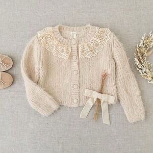 Noralee Eyelash Knit Cardigan Elegant Beige Cardigan with Lace Collar 2 Toddler‎